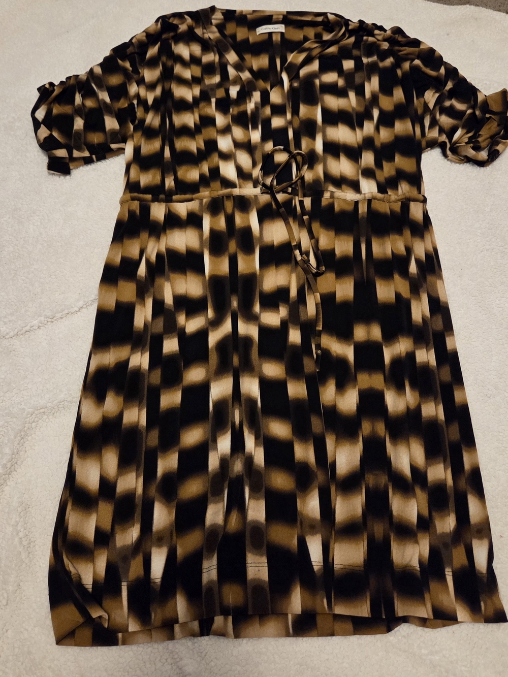 Calvin Klein Black and Tan Geometric Midi Dress with Tie Waist
